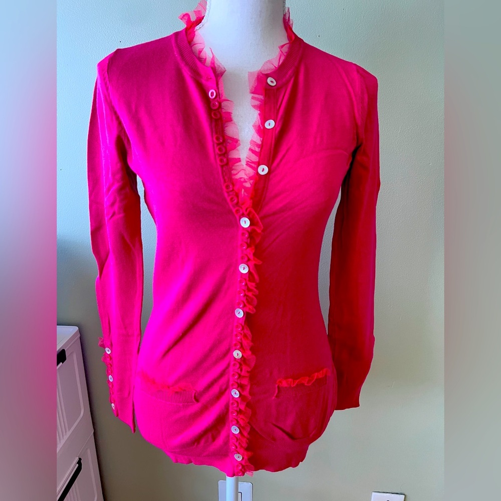 Forever 21 Pink Cotton Cardigan with tulle and button detail NWOT Size S